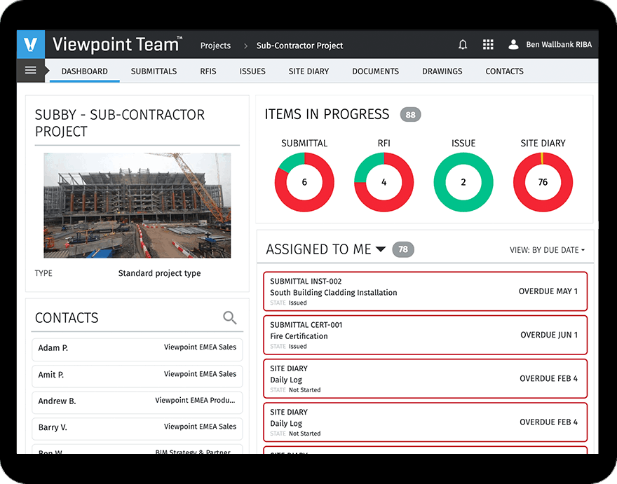Viewpoint construction management software is designed for true project collaboration. UK version of Viewpoint Team project management software screenshot in a tablet