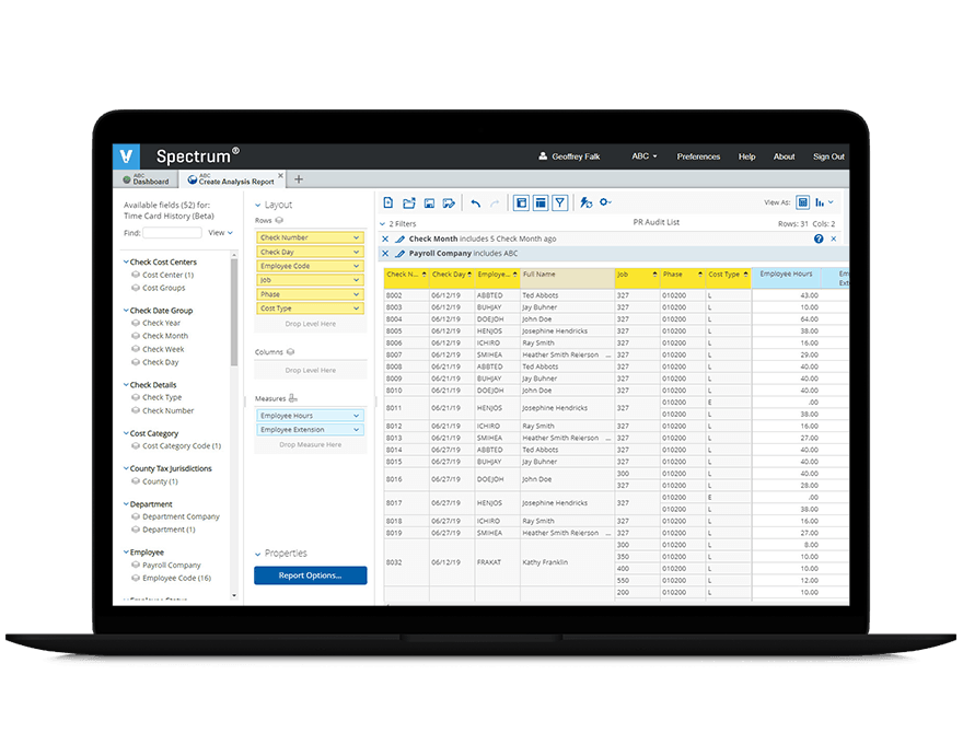 Viewpoint helps you manage construction job costing costing, from payroll to change orders to invoicing. Screenshot of Viewpoint's Specrum software on a laptop