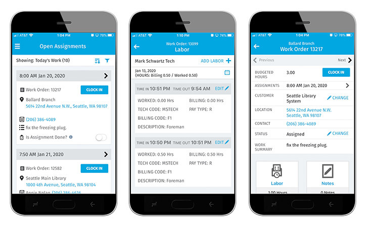 Screenshots of Viewpoint's Service Tech Mobile application Three screenshots of Viewpoint's Service Tech mobile application in three devices
